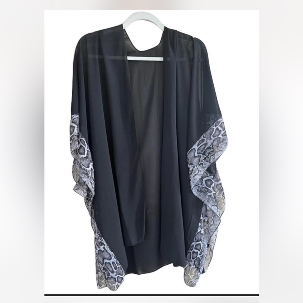 black chiffon kimono cardigan with a snakeskin or animal print trim